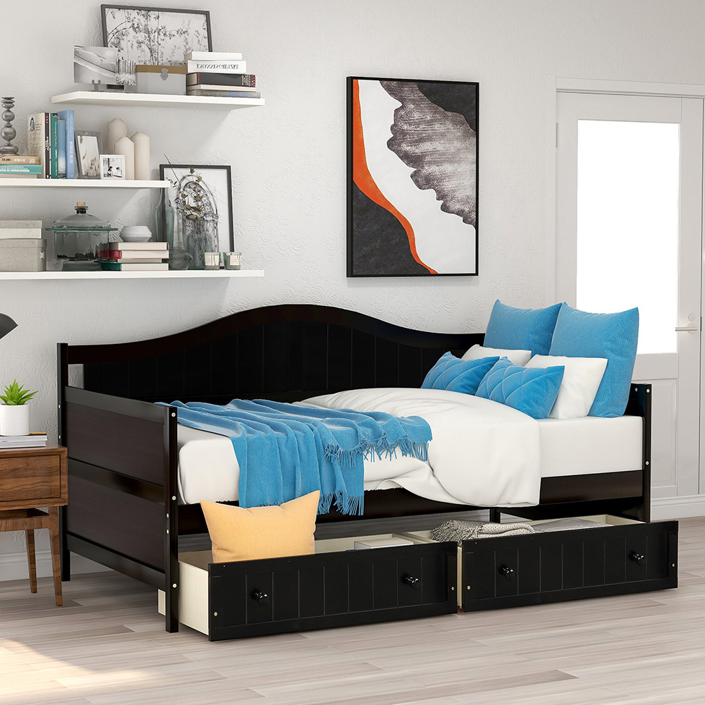 Twin-Size Wooden Platform Daybed Frame with 2 Storage Drawers and Wooden Slats Support - Espresso