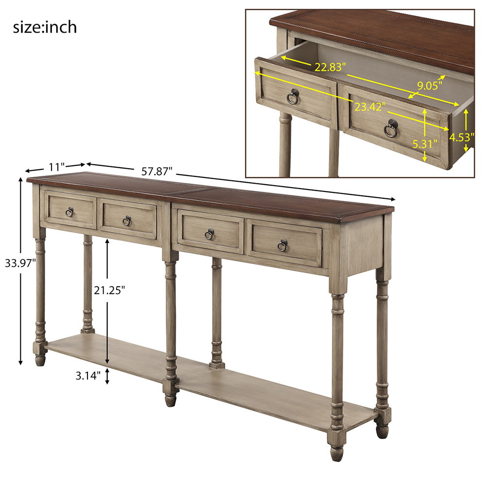 TREXM 58'' Console Table with 2 Storage Drawers, and Bottom Shelf, for Entrance, Hallway, Dining Room, Kitchen - Grey