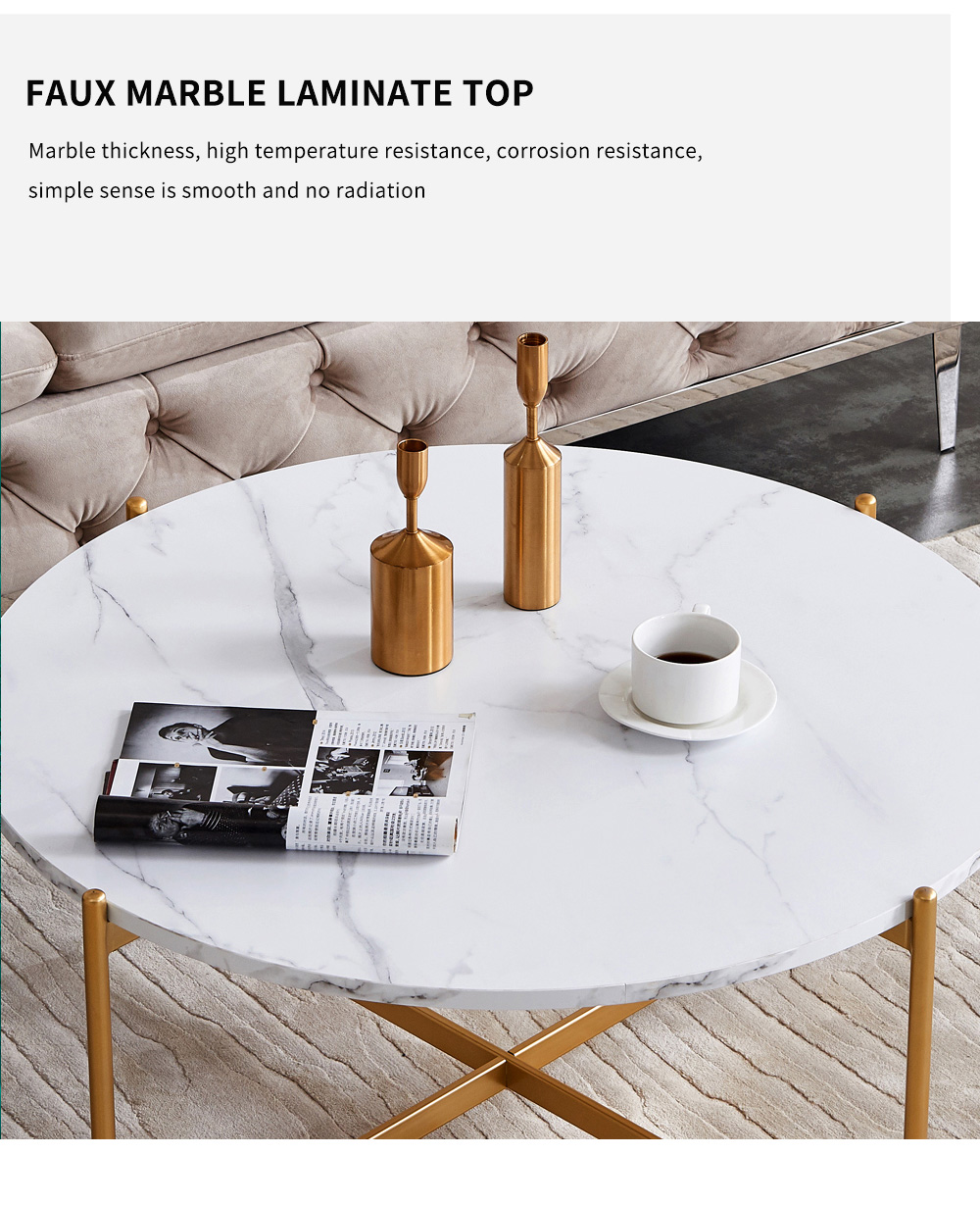 36" Modern Round Coffee Table with Imitation Marble Wooden Tabletop and Metal Frame for Living Room, Office, Apartment, Restaurant - Gold