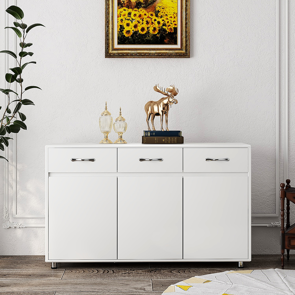 MDF Waterproof Storage Cabinet Height Adjustable with 3 Drawers and 3 Doors, for Home, Office, Dining Room, Bedroom - White