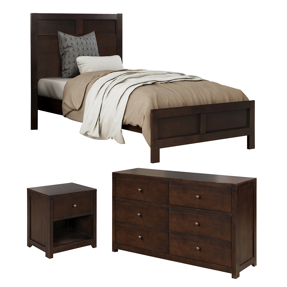 3 Pieces Wooden Bedroom Set, Including Twin Size Bed, Nightstand, and 6 Drawers Dresser - Brown