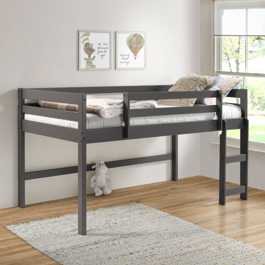 ACME Lara Twin Size Wooden Loft Bed Frame with Ladder and Wooden Slats Support, Space-saving Design, No Need for Spring Box - Gray