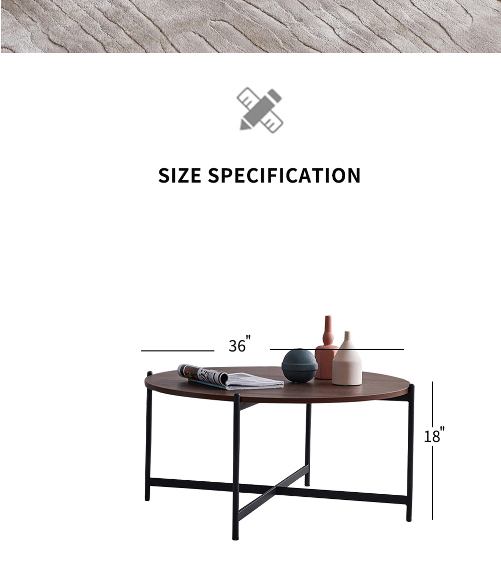 36" Modern Round Coffee Table with Walnut Tabletop and Metal Frame for Living Room, Office, Apartment, Restaurant - Black