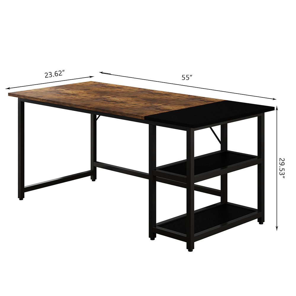 Home Office 55" Modern Splice Style Computer Desk with 2-Layer Wooden Storage Shelves - Black