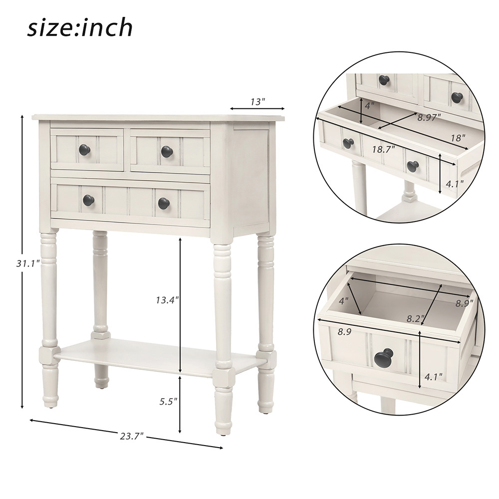 TREXM 23" Wooden Console Table with 3 Storage Drawers and Bottom Shelf, for Entrance, Hallway, Dining Room, Kitchen -  White