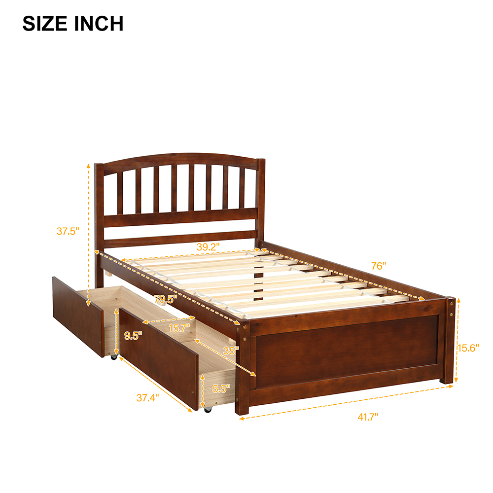 Twin Size Wooden Platform Bed Frame with 2 Storage Drawers, and Wooden Slats Support, No Spring Box Required (Frame Only) - Walnut