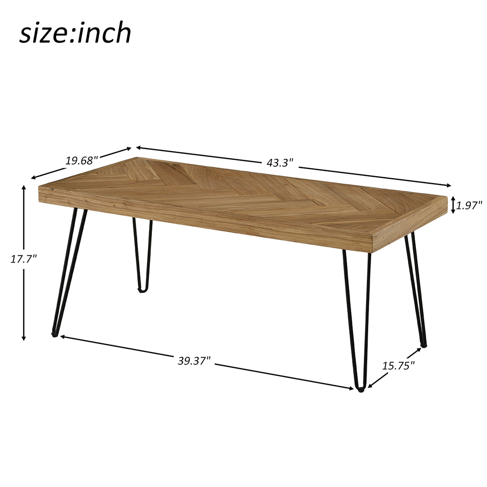 TREXM Rectangular Nature Rough Wood Coffee Table with Chevron Pattern and Metal Hairpin Legs, for Kitchen, Restaurant, Office, Living Room, Cafe - Oak