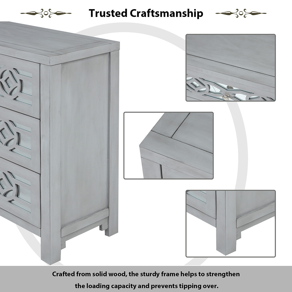 TREXM 26" Wooden Storage Cabinet with 3 Drawers and Decorative Mirror, for Entrance, Hallway, Dining Room, Kitchen - Silver