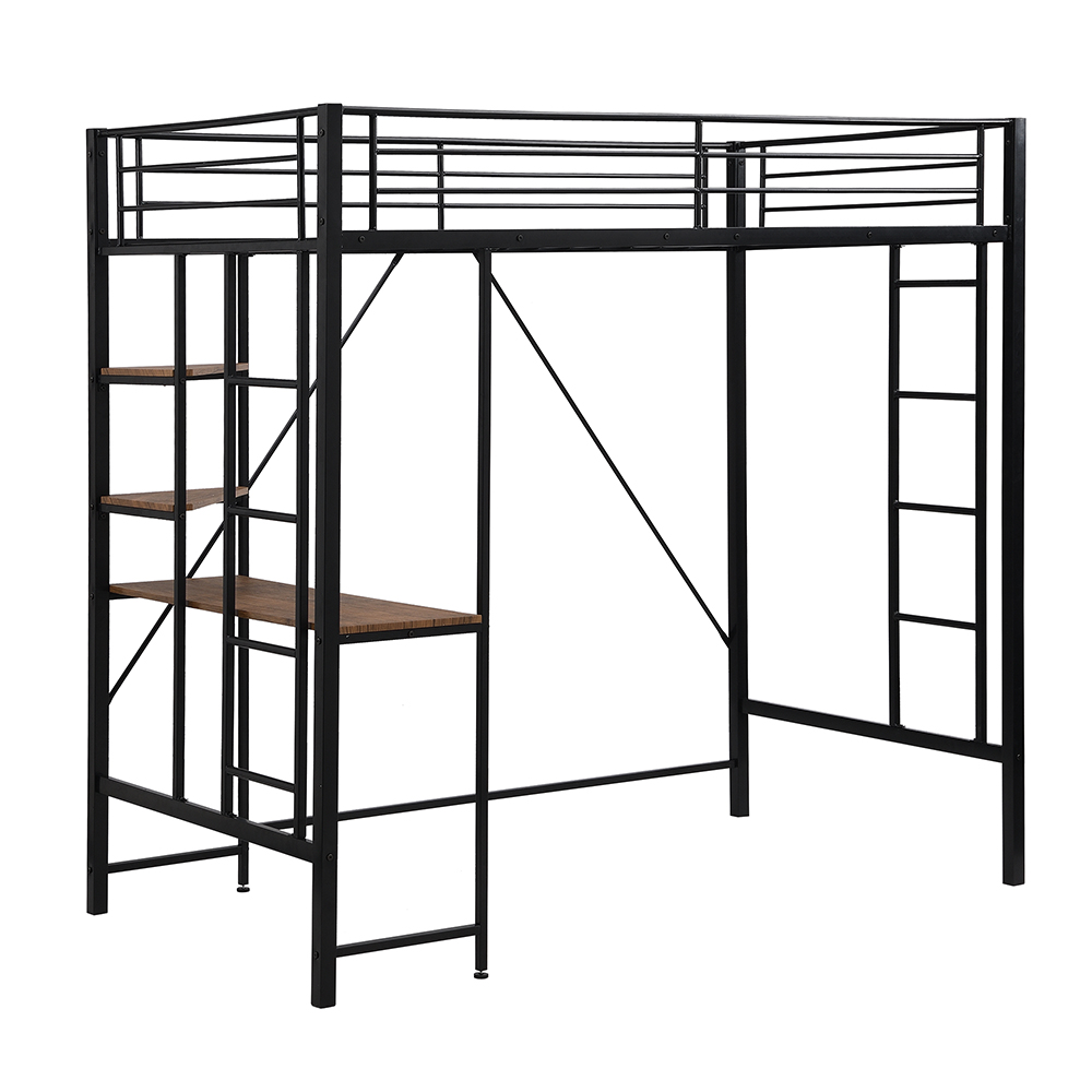 Twin Size Metal Loft Bed Frame with Storage Shelves and Desk, Space-saving Design, No Need for Spring Box - Black