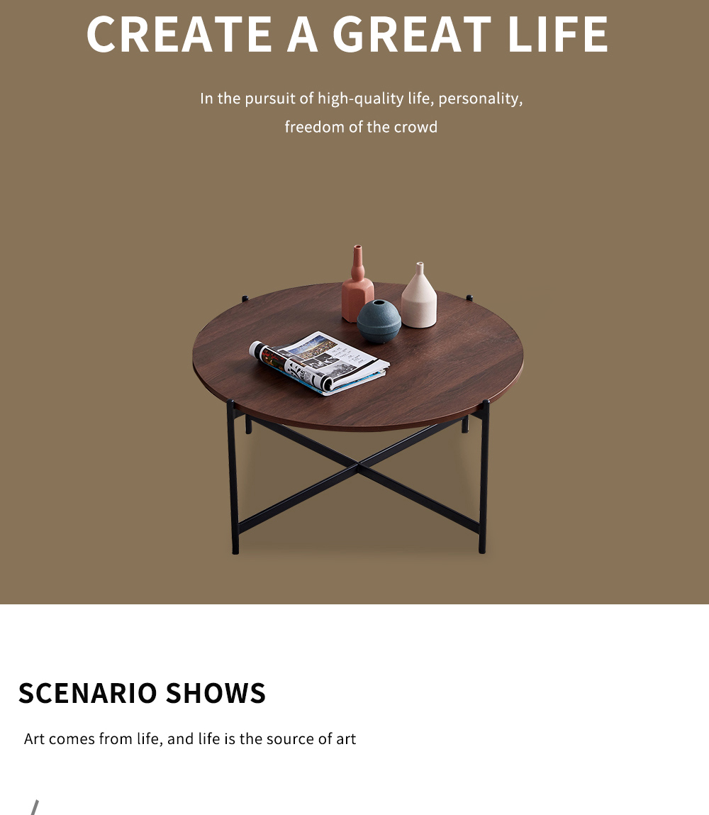 36" Modern Round Coffee Table with Walnut Tabletop and Metal Frame for Living Room, Office, Apartment, Restaurant - Black