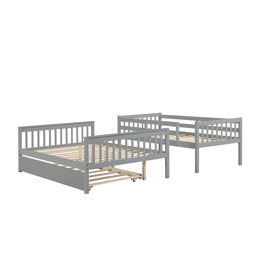 Twin-Over-Full Size Wooden Bunk Bed Frame with Trundle Bed, and Wooden Slat Support, Suitable for Families with Multiple Children - Grey