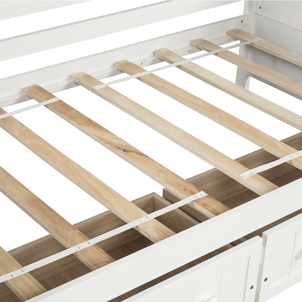 Twin-Size Wooden Platform Daybed Frame with 2 Storage Drawers and Wooden Slats Support - White