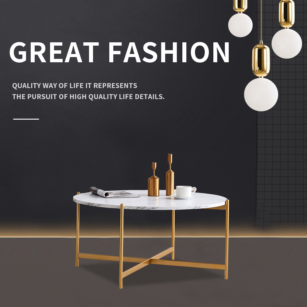 36" Modern Round Coffee Table with Imitation Marble Wooden Tabletop and Metal Frame for Living Room, Office, Apartment, Restaurant - Gold