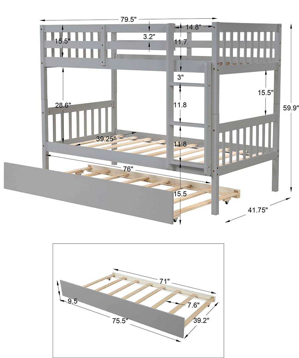 TwinOverTwin Size Wooden Bunk Bed Frame with Trundle Bed and Wooden Slat Support, Suitable for