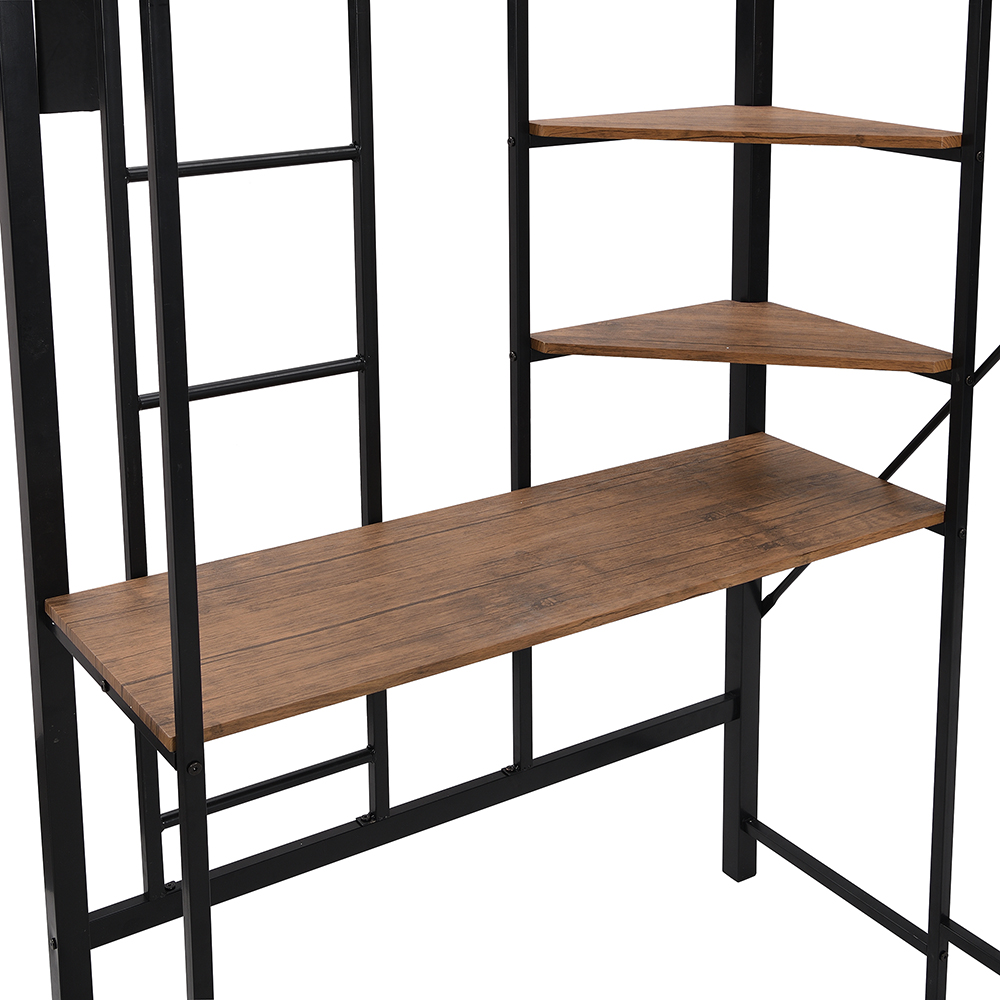 Twin Size Metal Loft Bed Frame with Storage Shelves and Desk, Space-saving Design, No Need for Spring Box - Black