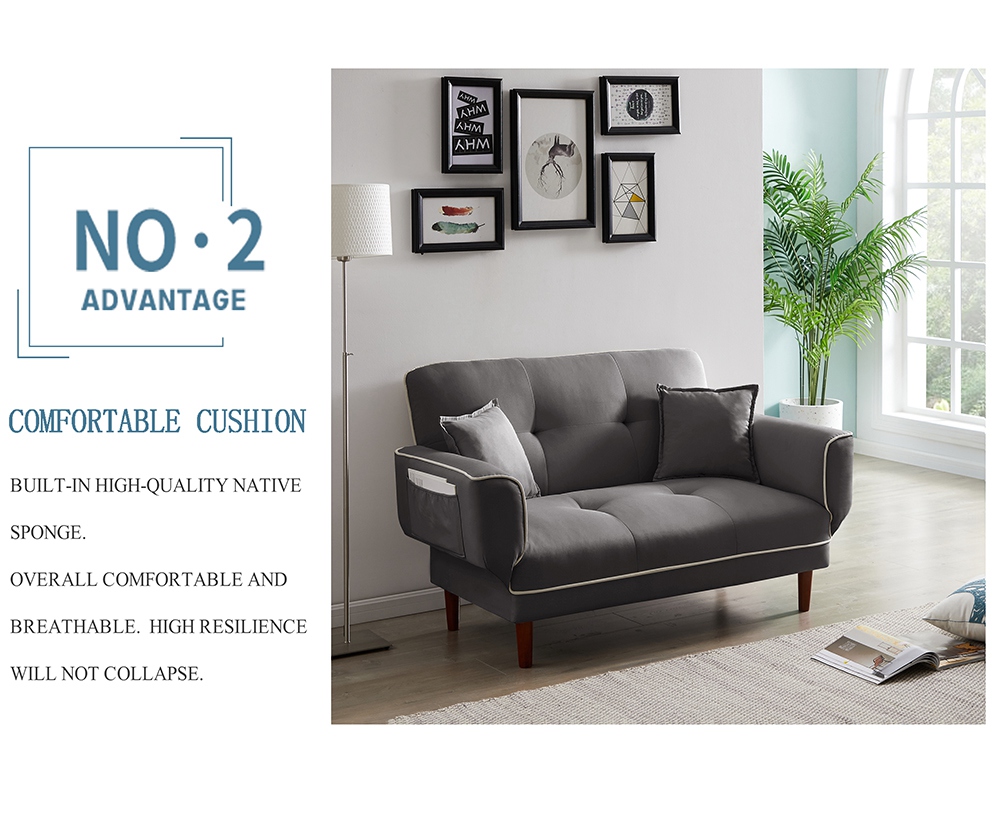 Twin Size Linen Upholstered Sofa Bed with 2 Pillows and Adjustable Armrests for Living Room, Bedroom, Office, Apartment - Grey