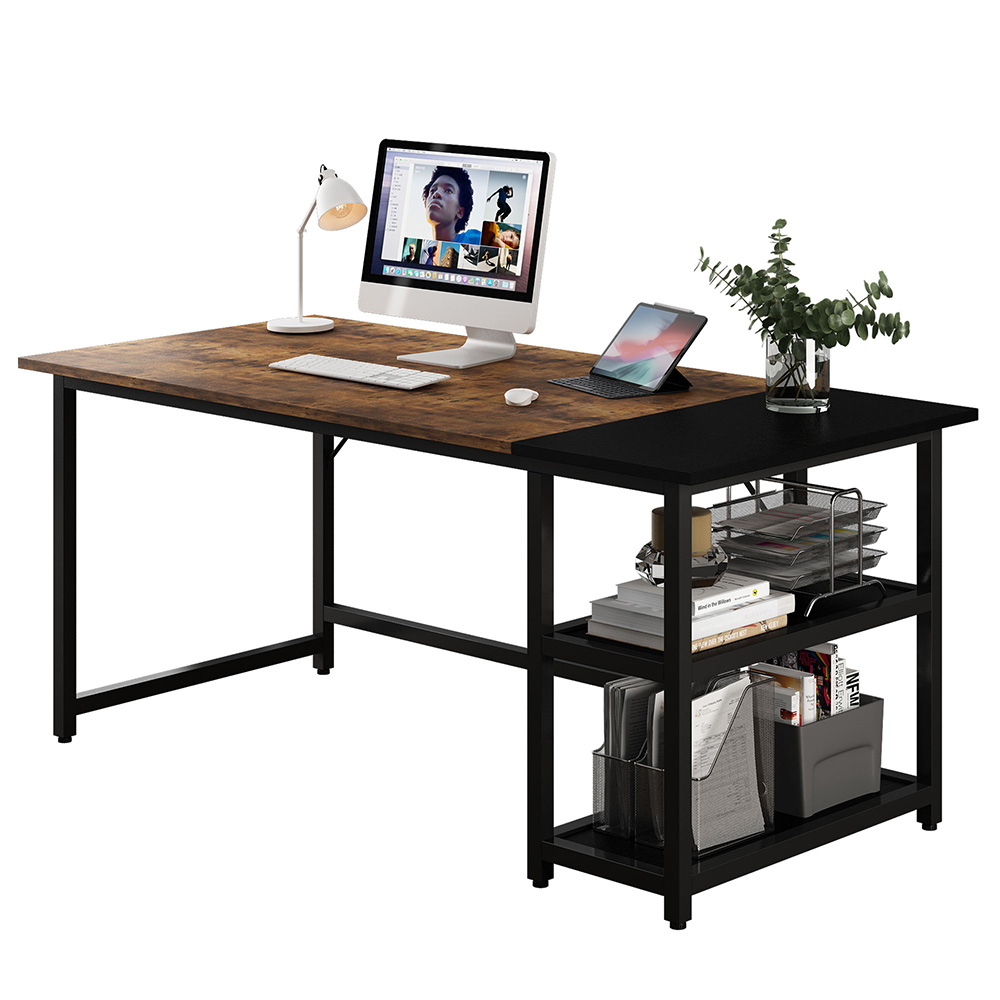 Home Office 55" Modern Splice Style Computer Desk with 2-Layer Wooden Storage Shelves - Brown
