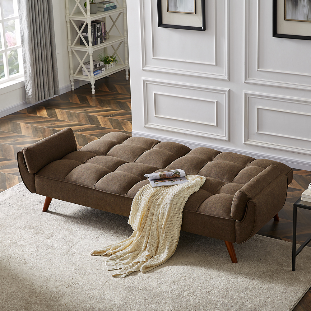 93" Linen Fabric Upholstered Sofa Bed with Armrests and Adjustable Backrest for Living Room, Bedroom, Office, Apartment - Brown