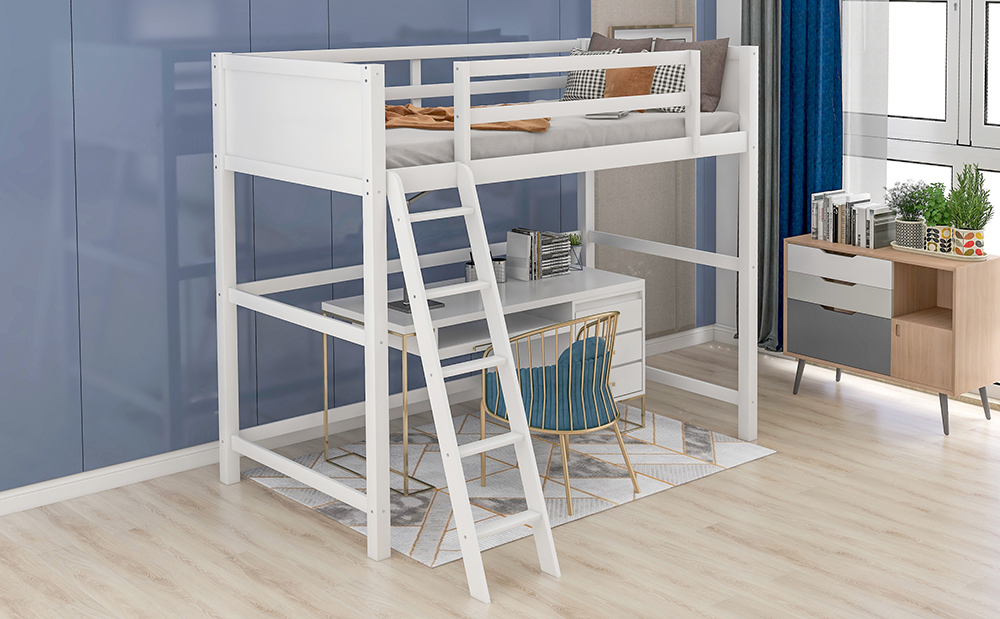 Twin-Size Wooden Loft Bed Frame with Ladder and Wooden Slats Support, Space-saving Design - White