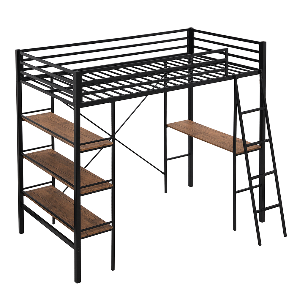 Twin Size Metal Loft Bed Frame with Shelf and Desk, Suitable for Small Rooms - Black