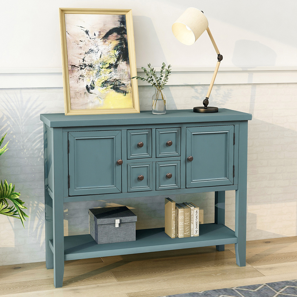 TREXM 46'' Console Table with 4 Storage Drawers, 2 Cabinets and Bottom Shelf, for Entrance, Hallway, Dining Room, Kitchen - Dark Blue