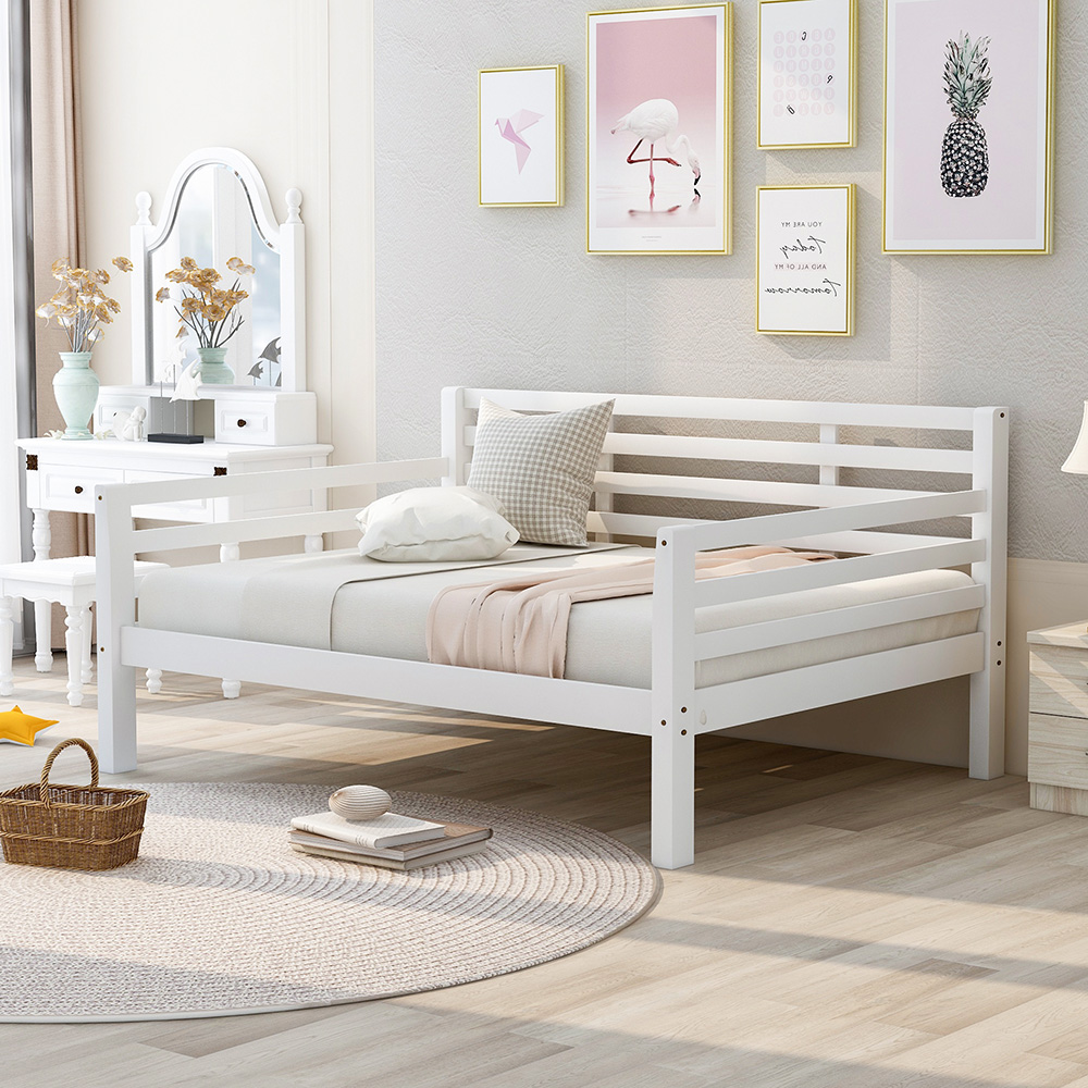 Full-Size Wooden Daybed Frame with Guardrail and Wooden Slat Support - White