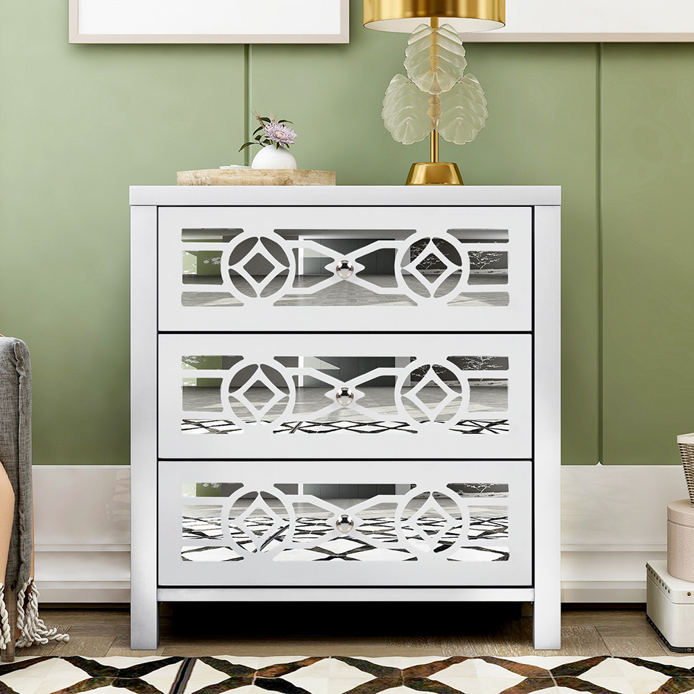 TREXM 26" Wooden Storage Cabinet with 3 Drawers and Decorative Mirror, for Entrance, Hallway, Dining Room, Kitchen - White