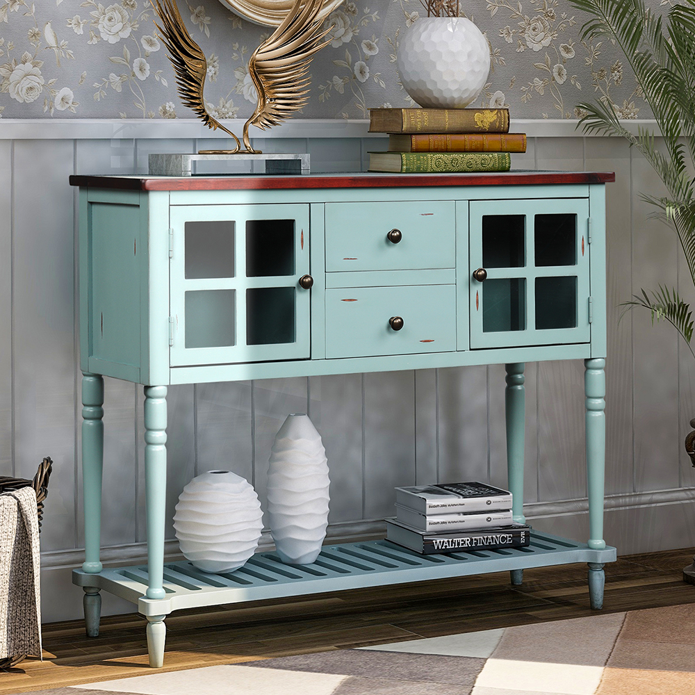 TREXM 42'' Console Table with 2 Storage Drawers, 2 Cabinets, and Bottom Shelf, for Entrance, Hallway, Dining Room, Kitchen - Blue