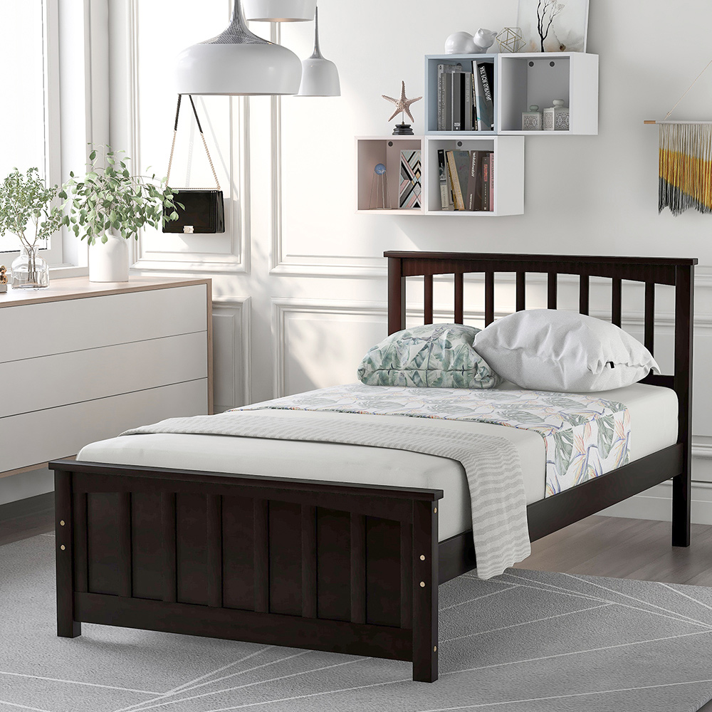 Twin Size Wooden Platform Bed Frame with Headboard, Footboard, and Wooden Slats Support, No Spring Box Required - Espresso