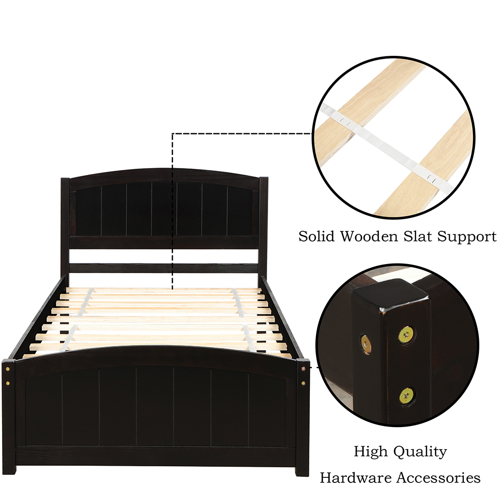 Twin-Size Wooden Platform Bed Frame with Headboard, Footboard, and Wooden Slats Support - Espresso