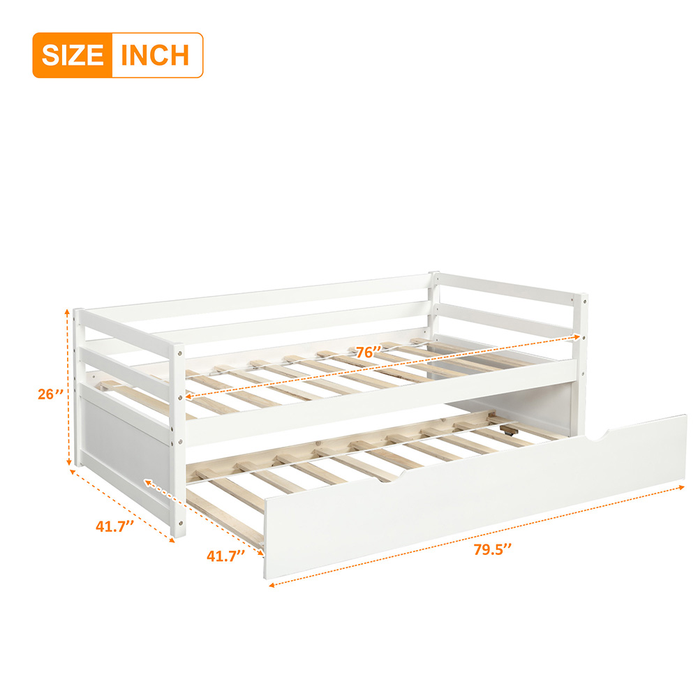 Twin Size Wooden Daybed With Trundle Bed And Wooden Slats Support, No Need For Spring Box, For Living Room, Bedroom, Office, Apartment - White 12 Twin Size Wooden Daybed with Trundle Bed and Wooden Slats Support, No Need for Spring Box, for Living Room, Bedroom, Office, Apartment - White