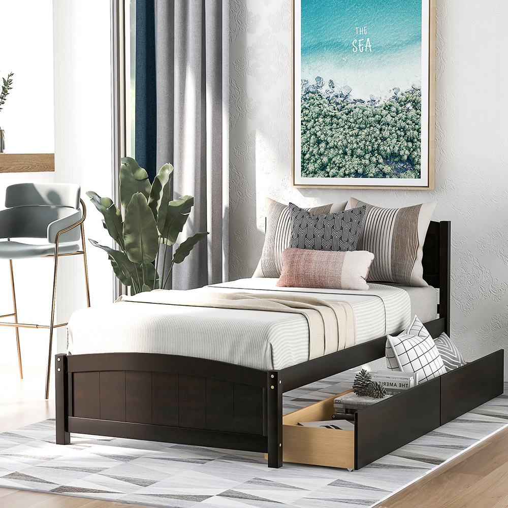 Twin Size Wooden Platform Bed Frame with 2 Storage Drawers, and Wooden Slats Support, No Spring Box Required (Frame Only) - Espresso