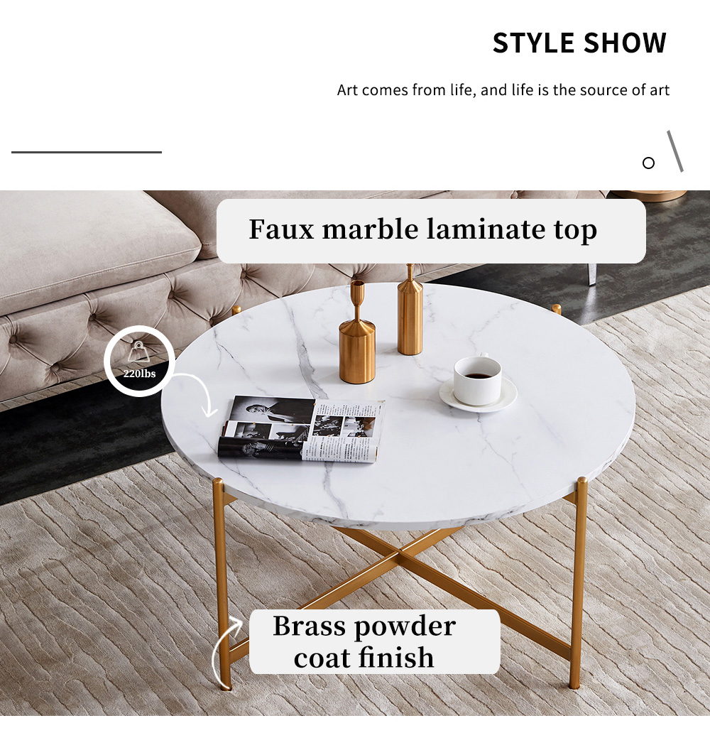 36" Modern Round Coffee Table with Imitation Marble Wooden Tabletop and Metal Frame for Living Room, Office, Apartment, Restaurant - Gold