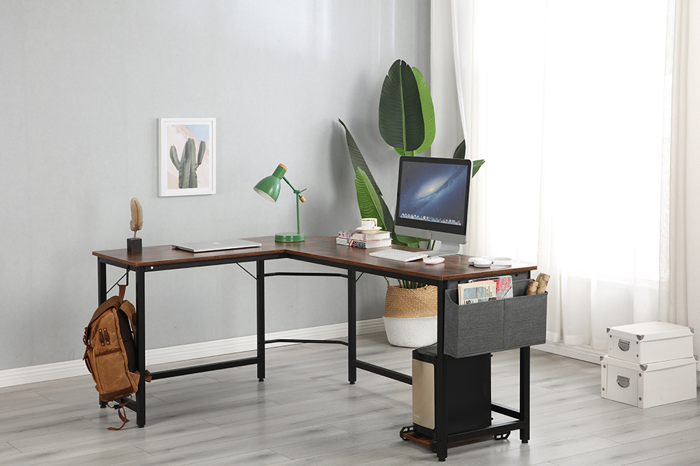 Home Office L-Shape Corner Wooden Computer Desk with Metal Frame - Brown