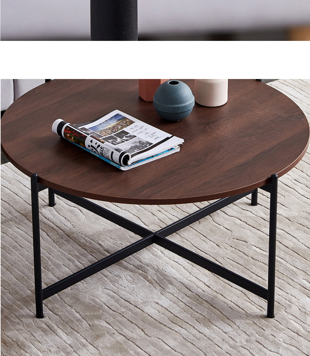 36" Modern Round Coffee Table with Walnut Tabletop and Metal Frame for Living Room, Office, Apartment, Restaurant - Black