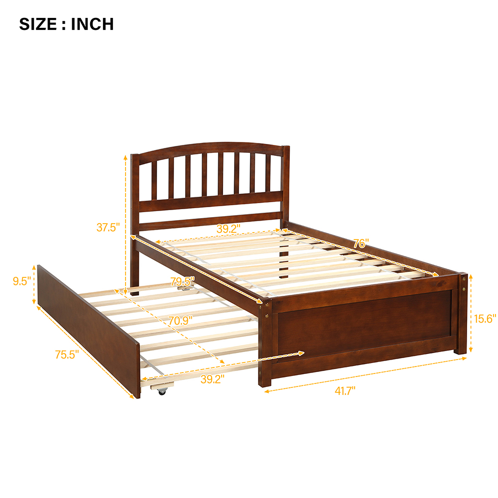 Twin Size Wooden Platform Bed Frame With Trundle Bed, And Wooden Slats Support, No Spring Box Required (Frame Only) - Walnut 11 Twin Size Wooden Platform Bed Frame with Trundle Bed, and Wooden Slats Support, No Spring Box Required (Frame Only) - Walnut