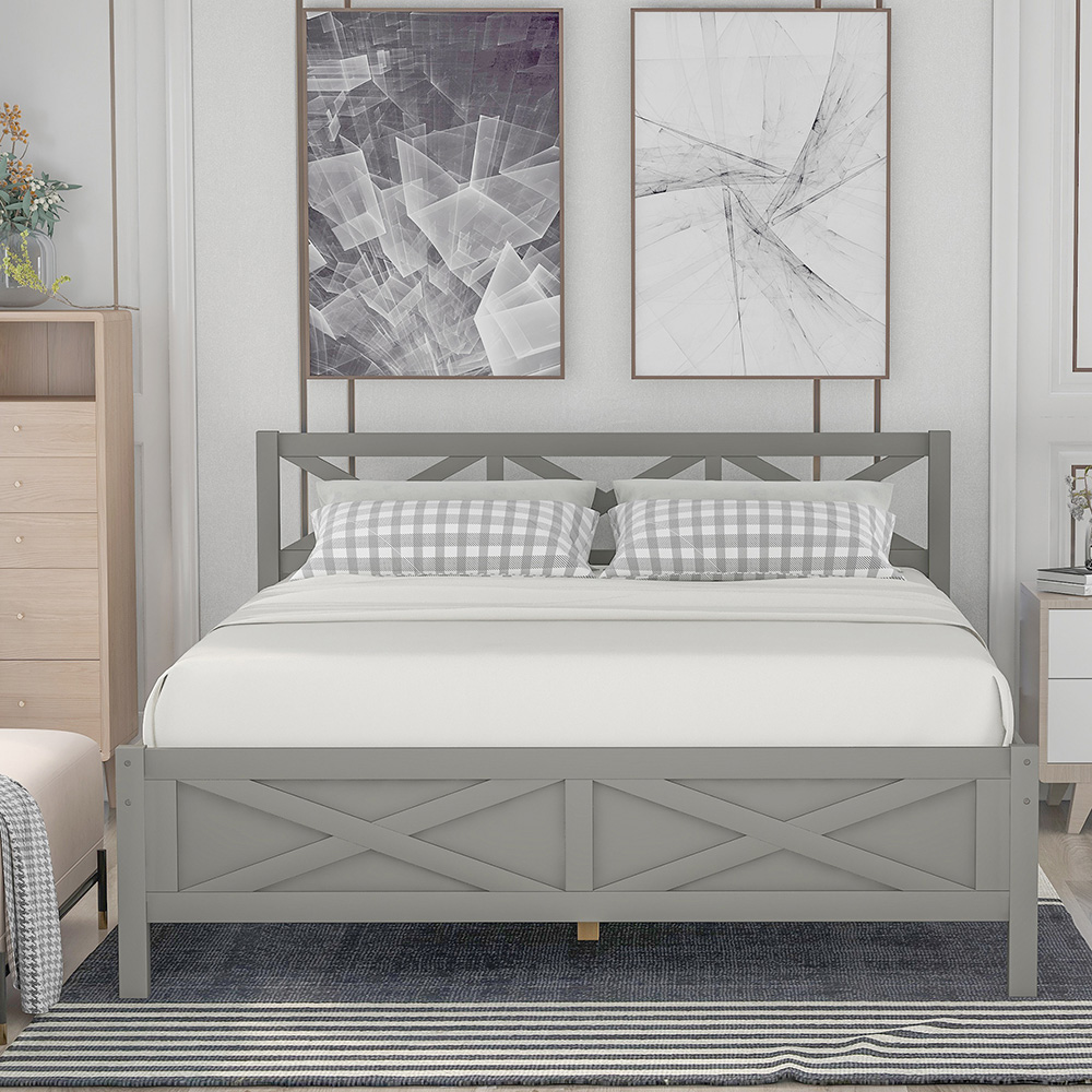 Full Size Wooden Platform Bed Frame with High Legs and Wooden Slats - Gray