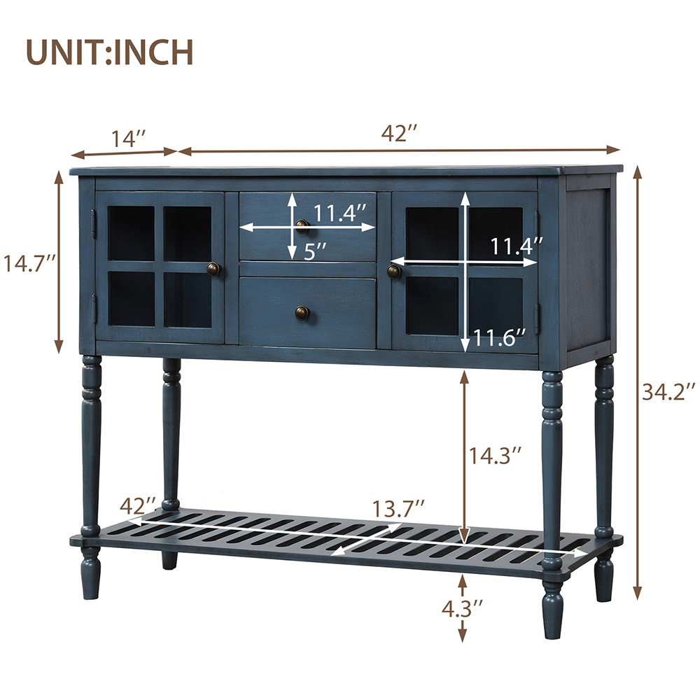 TREXM 42'' Console Table with 2 Storage Drawers, 2 Cabinets, and Bottom Shelf, for Entrance, Hallway, Dining Room, Kitchen - Navy