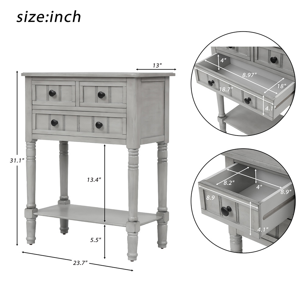 TREXM 23" Wooden Console Table with 3 Storage Drawers and Bottom Shelf, for Entrance, Hallway, Dining Room, Kitchen -  Gray