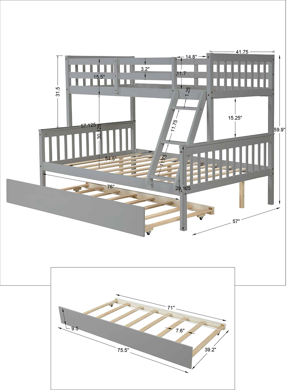 Twin-Over-Full Size Wooden Bunk Bed Frame with Trundle Bed, and Wooden Slat Support, Suitable for Families with Multiple Children - Grey