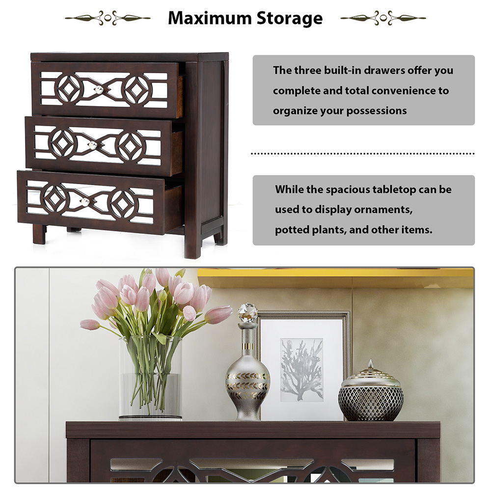 TREXM 26" Wooden Storage Cabinet With 3 Drawers And Decorative Mirror, For Entrance, Hallway, Dining Room, Kitchen - Espresso 10 TREXM 26" Wooden Storage Cabinet with 3 Drawers and Decorative Mirror, for Entrance, Hallway, Dining Room, Kitchen - Espresso
