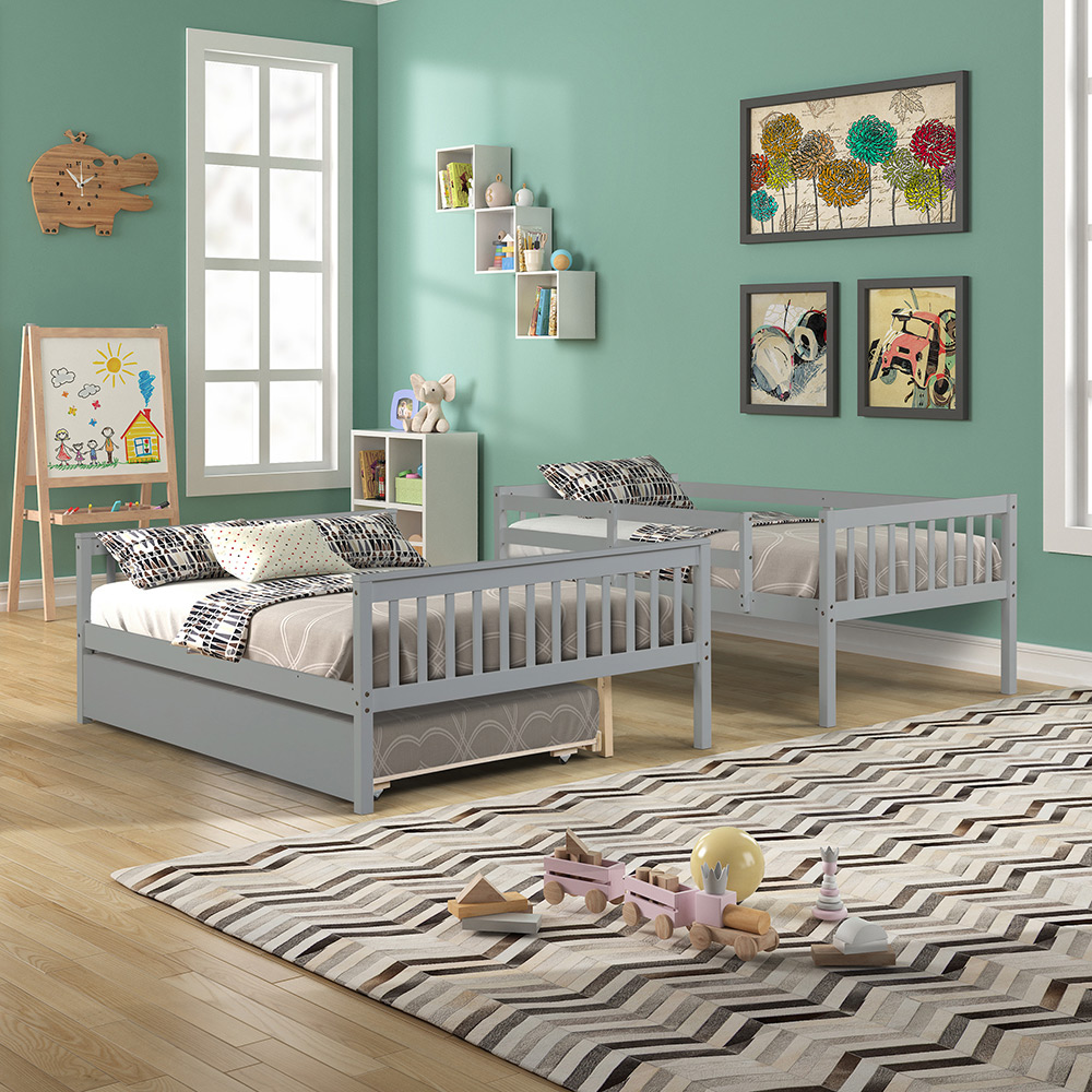 Twin-Over-Full Size Wooden Bunk Bed Frame with Trundle Bed, and Wooden Slat Support, Suitable for Families with Multiple Children - Grey