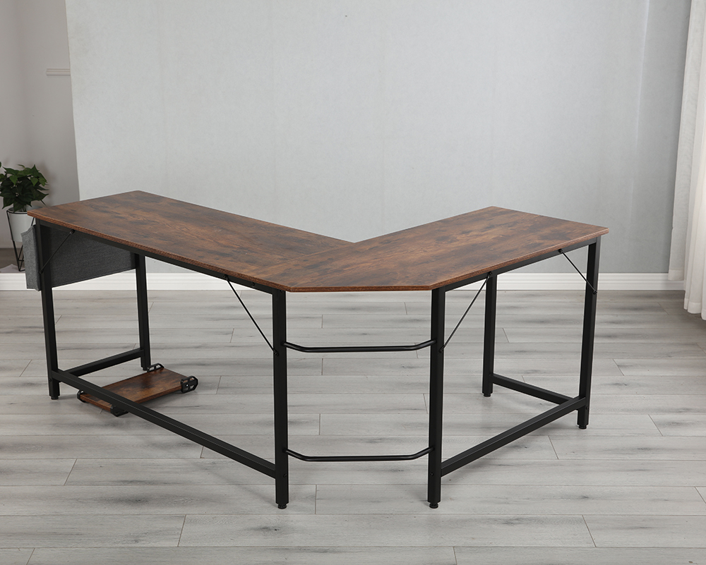 Home Office L-Shape Corner Wooden Computer Desk with Metal Frame - Brown