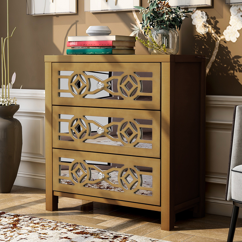 TREXM 26" Wooden Storage Cabinet with 3 Drawers and Decorative Mirror, for Entrance, Hallway, Dining Room, Kitchen - Gold