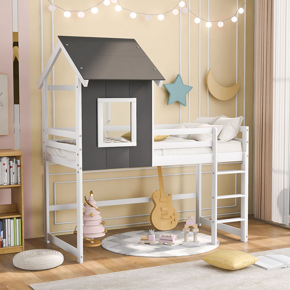 Twin Size Wooden Loft Bed Frame With Roof And Wooden Slats Support, Space-saving Design, No Need For Spring Box - Gray + White 6 Twin Size Wooden Loft Bed Frame with Roof and Wooden Slats Support, Space-saving Design, No Need for Spring Box - Gray + White