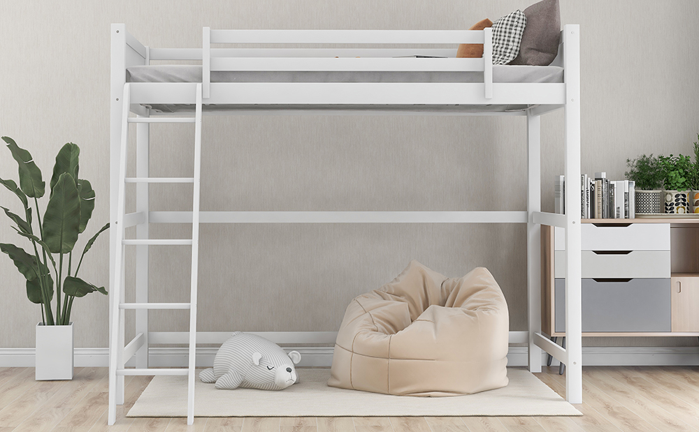 Twin-Size Wooden Loft Bed Frame with Ladder and Wooden Slats Support, Space-saving Design - White