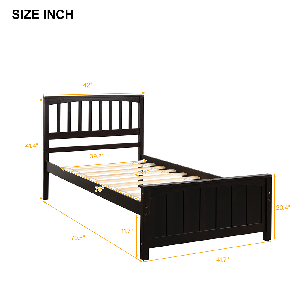 Twin Size Wooden Platform Bed Frame with Headboard, Footboard, and Wooden Slats Support, No Spring Box Required - Espresso