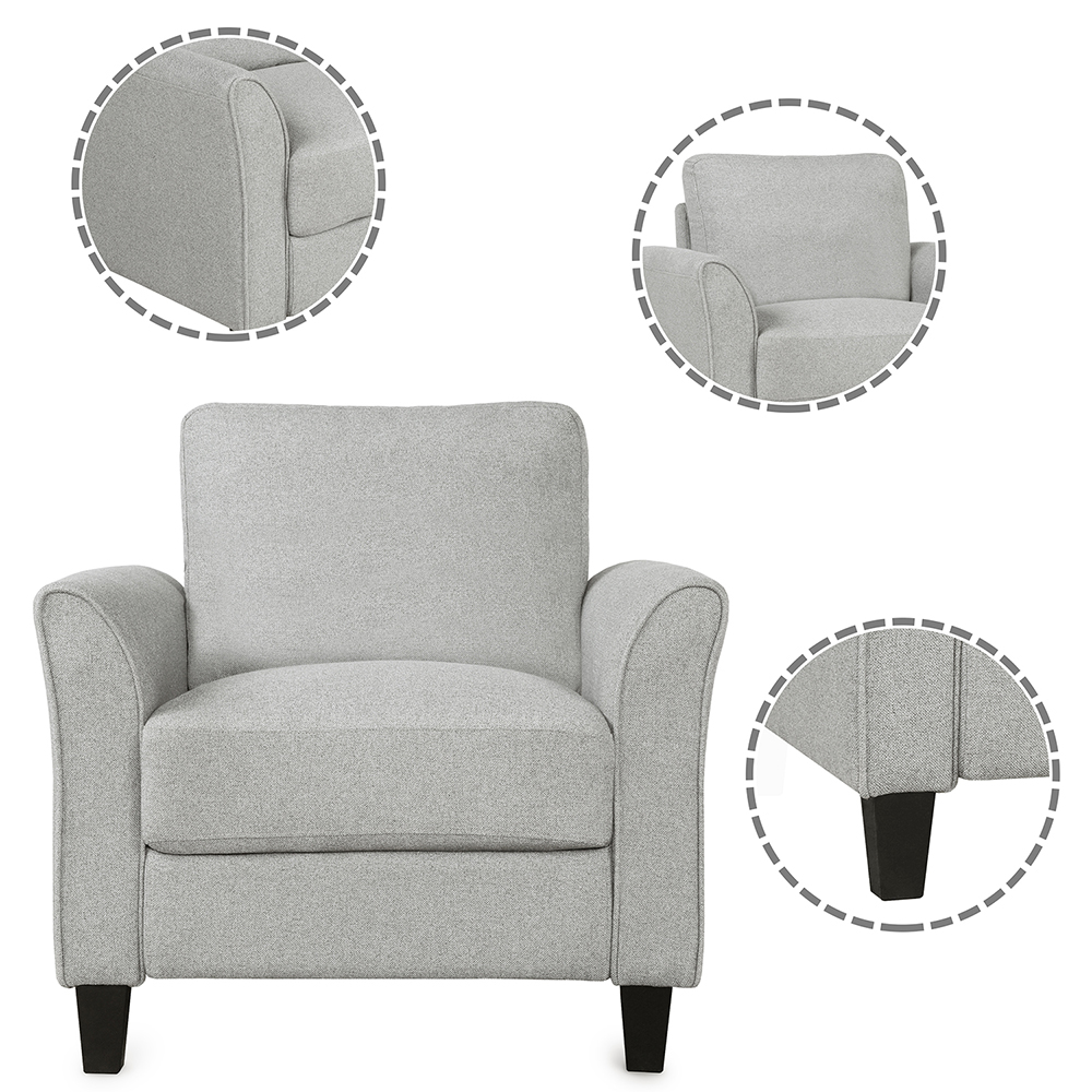 1-Seat Linen Fabric Upholstered Sofa with Armrest and Backrest, for Living Room, Bedroom, Office, Apartment - Light Gray