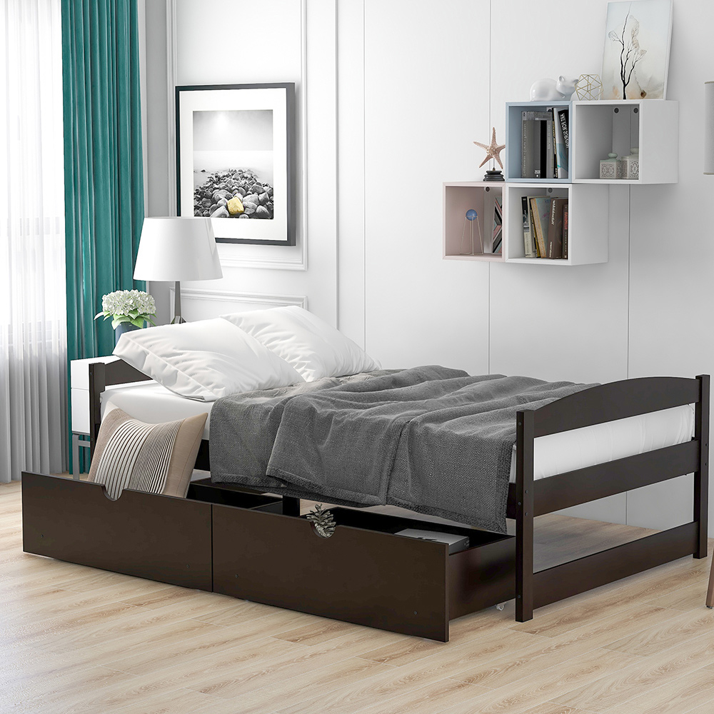 Twin Size Wooden Platform Bed Frame with 2 Storage Drawers, and Wooden Slats Support, No Spring Box Required - Espresso