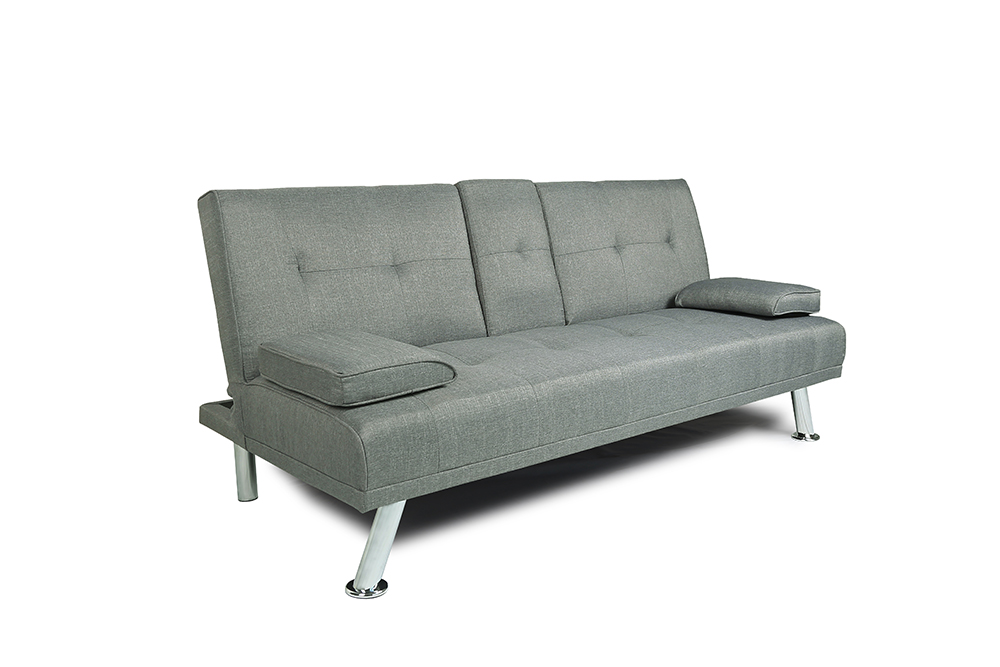 66" Twin Size Linen Fabric Sofa Bed with 2 Cup Holders and Metal Legs, for Living Room, Bedroom, Office, Apartment - Light Grey